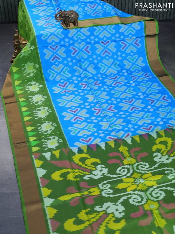 Ikat soft silk saree light blue and green with allover ikat weaves and long ikat woven zari border