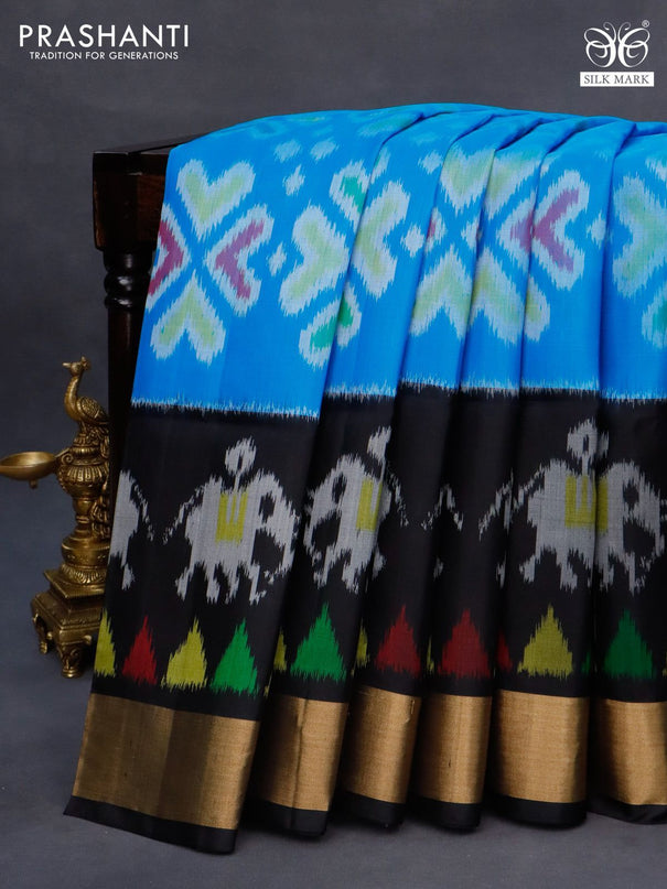 Ikat soft silk saree cs blue and black with allover ikat weaves and long ikat woven zari border