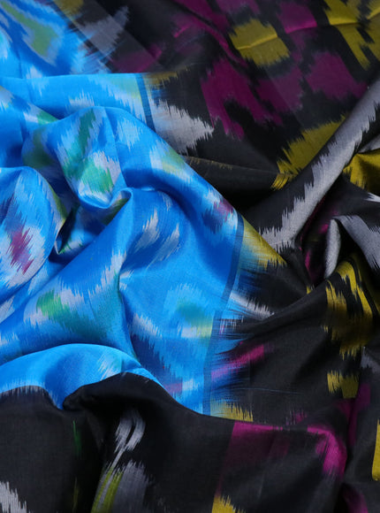 Ikat soft silk saree cs blue and black with allover ikat weaves and long ikat woven zari border