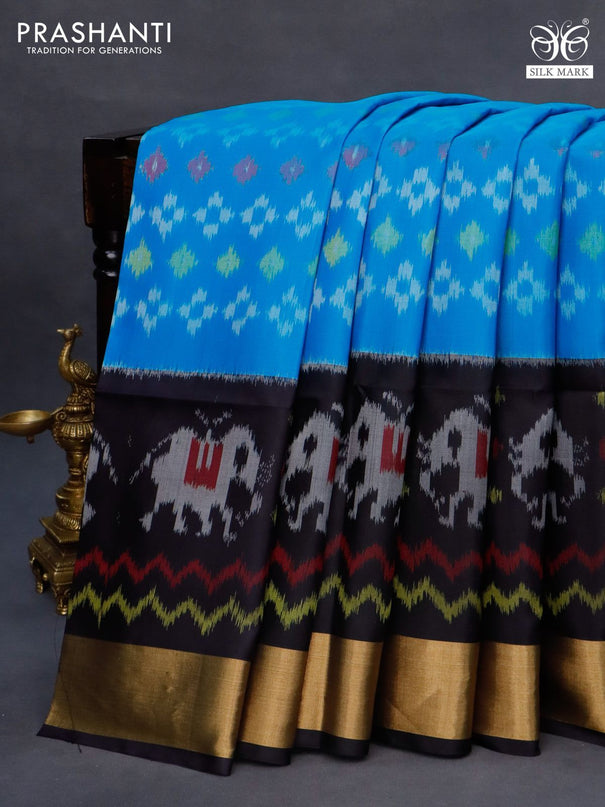 Ikat soft silk saree cs blue and deep jamun shade with allover ikat weaves and long ikat woven zari border