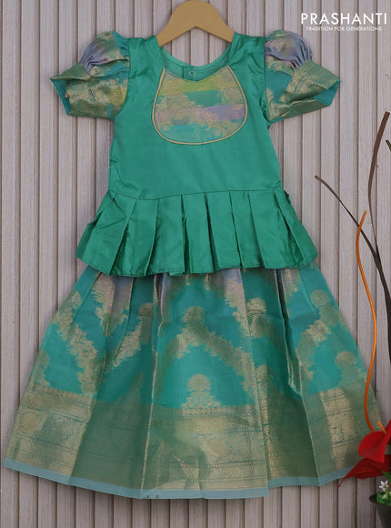 Banarasi kids lehenga teal green and green shade with patch work neck pattern and thread zari weaves & woven border