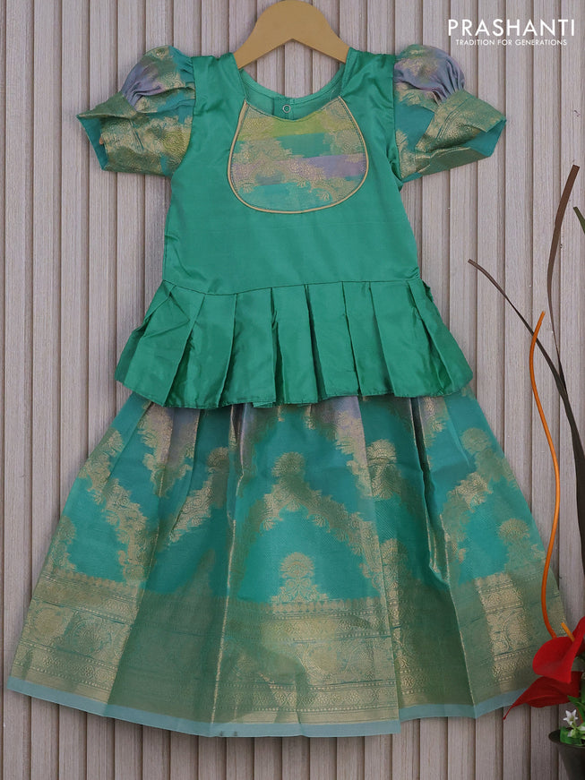 Banarasi kids lehenga teal green and green shade with patch work neck pattern and thread zari weaves & woven border