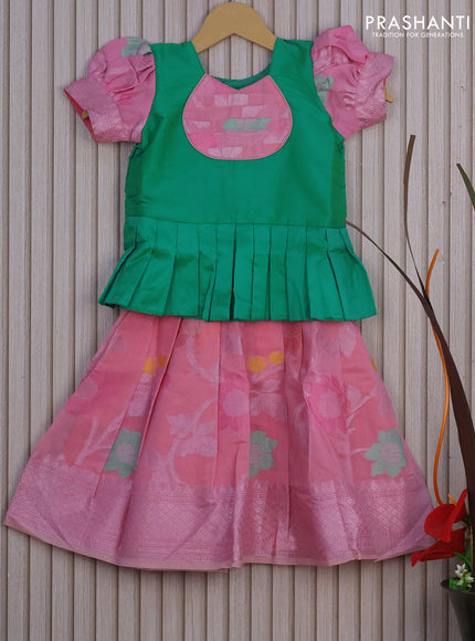 Banarasi kids lehenga teal green and baby pink with patch work neck pattern and thread zari weaves & woven border