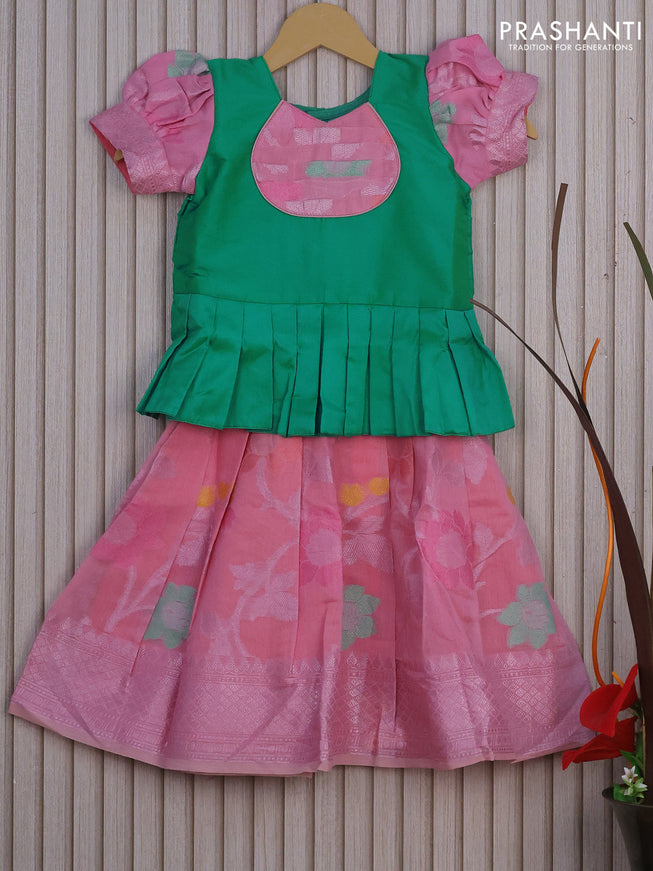 Banarasi kids lehenga teal green and baby pink with patch work neck pattern and thread zari weaves & woven border