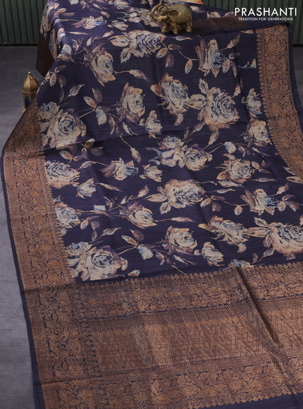 Banarasi tussar silk saree dark blue with allover floral digital prints and zari woven banarasi style border