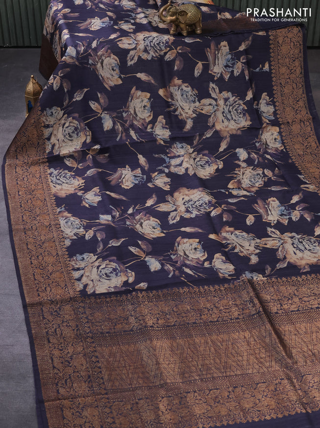 Banarasi tussar silk saree dark blue with allover floral digital prints and zari woven banarasi style border