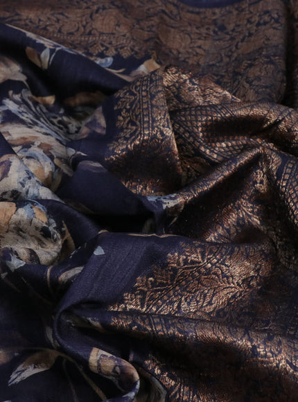 Banarasi tussar silk saree dark blue with allover floral digital prints and zari woven banarasi style border