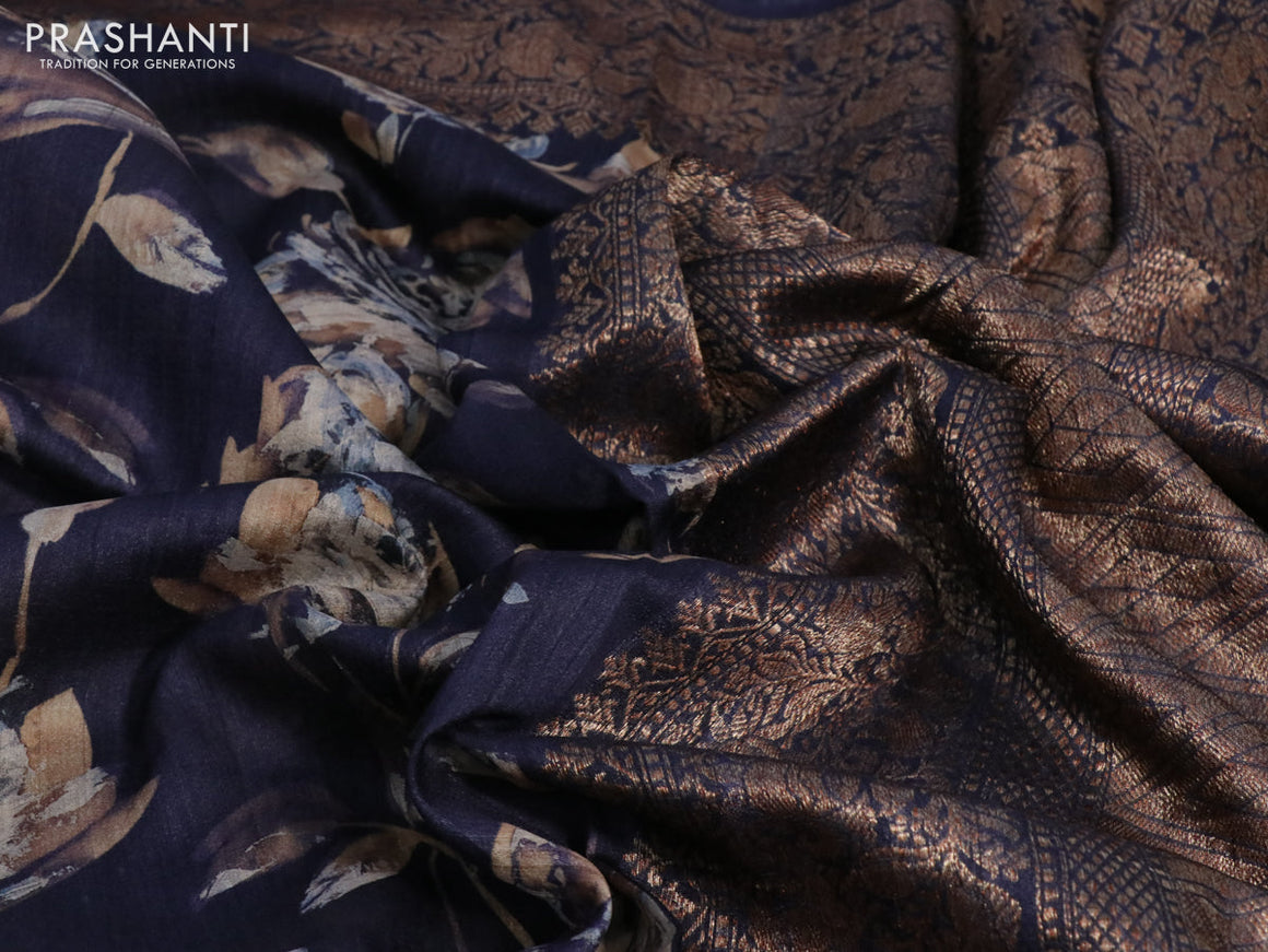 Banarasi tussar silk saree dark blue with allover floral digital prints and zari woven banarasi style border