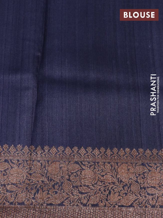 Banarasi tussar silk saree dark blue with allover floral digital prints and zari woven banarasi style border