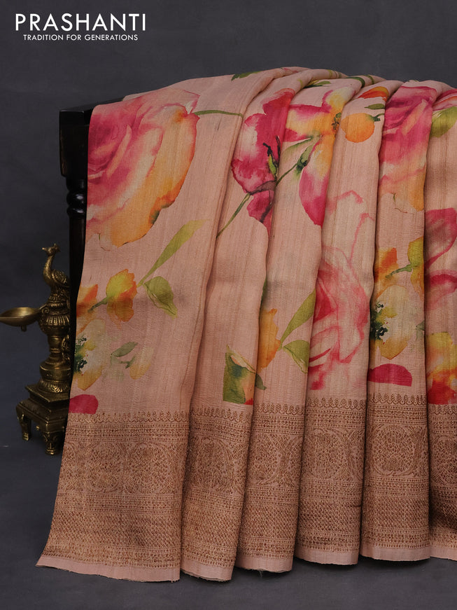 Banarasi tussar silk saree pastel peach with allover floral digital prints and zari woven banarasi style border