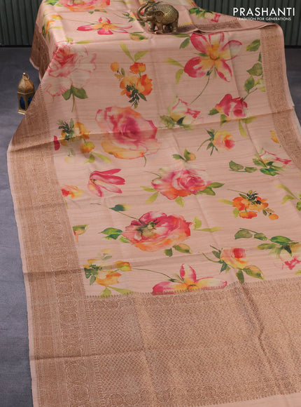 Banarasi tussar silk saree pastel peach with allover floral digital prints and zari woven banarasi style border