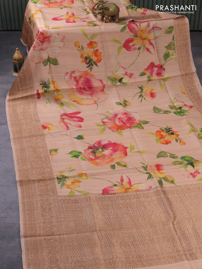 Banarasi tussar silk saree pastel peach with allover floral digital prints and zari woven banarasi style border