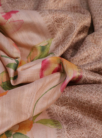 Banarasi tussar silk saree pastel peach with allover floral digital prints and zari woven banarasi style border