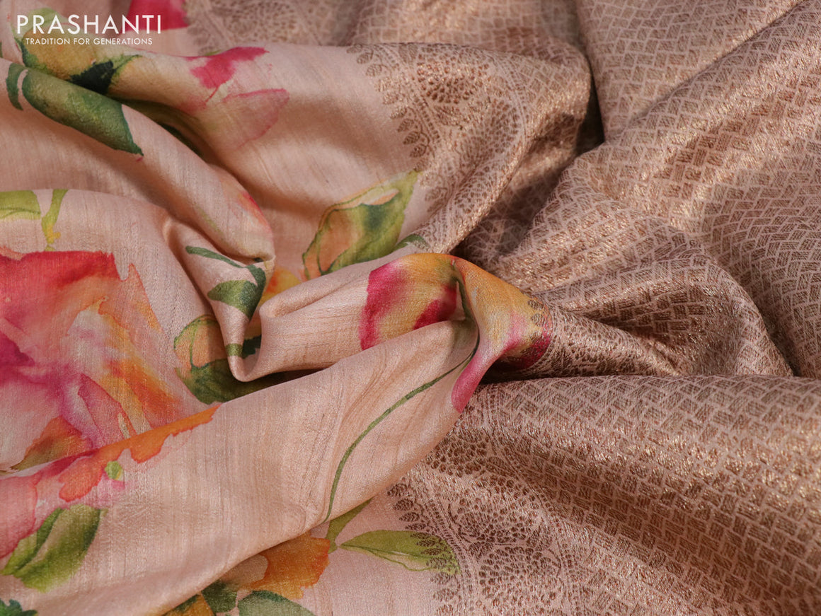 Banarasi tussar silk saree pastel peach with allover floral digital prints and zari woven banarasi style border