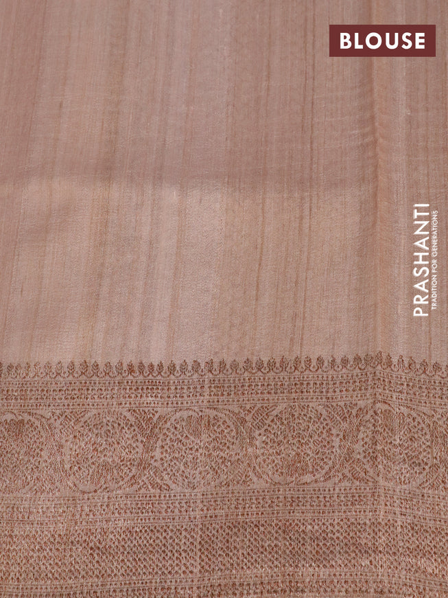 Banarasi tussar silk saree pastel peach with allover floral digital prints and zari woven banarasi style border