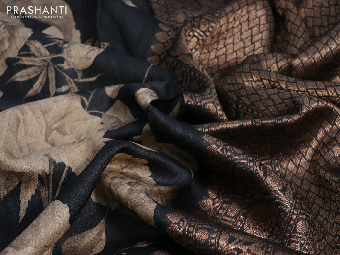 Banarasi tussar silk saree black with allover floral digital prints and zari woven banarasi style border