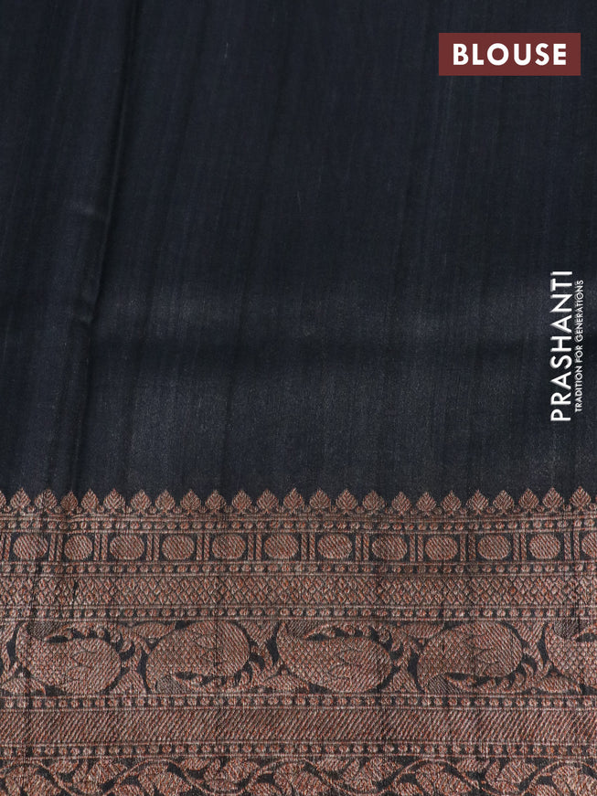 Banarasi tussar silk saree black with allover floral digital prints and zari woven banarasi style border