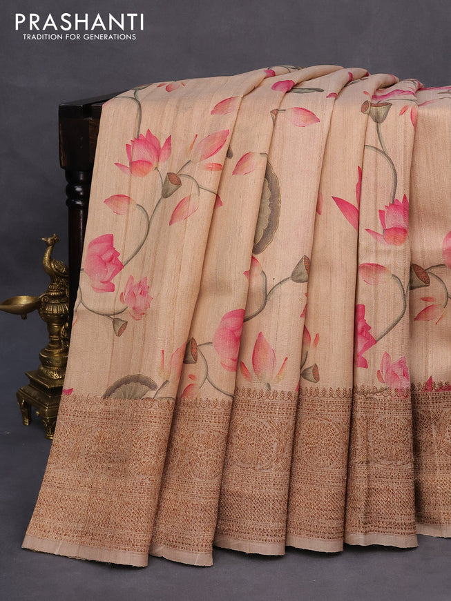 Banarasi tussar silk saree beige with allover pichwai digital prints and zari woven banarasi style border