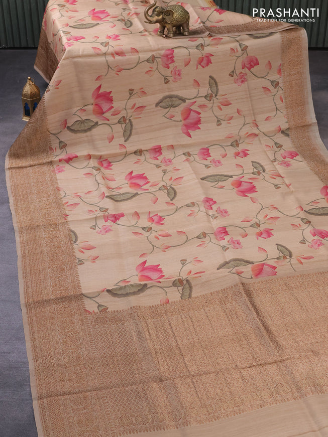 Banarasi tussar silk saree beige with allover pichwai digital prints and zari woven banarasi style border