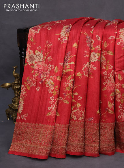 Banarasi tussar silk saree red with allover floral digital prints and zari woven banarasi style border