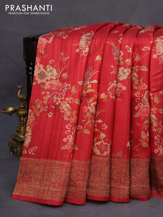 Banarasi tussar silk saree red with allover floral digital prints and zari woven banarasi style border