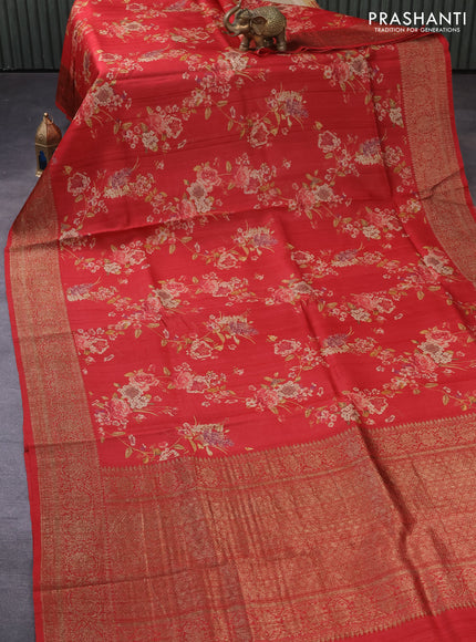 Banarasi tussar silk saree red with allover floral digital prints and zari woven banarasi style border