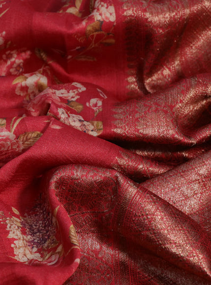 Banarasi tussar silk saree red with allover floral digital prints and zari woven banarasi style border