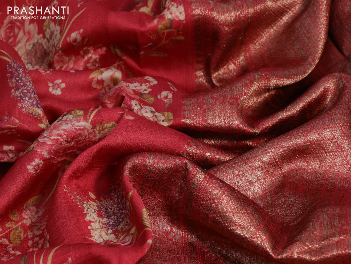 Banarasi tussar silk saree red with allover floral digital prints and zari woven banarasi style border