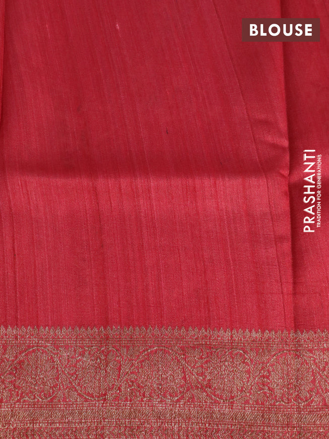 Banarasi tussar silk saree red with allover floral digital prints and zari woven banarasi style border