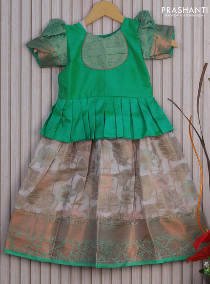 Banarasi kids lehenga teal green and off white with patch work neck pattern and thread zari weaves & woven border