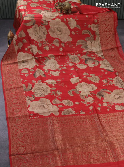 Banarasi tussar silk saree red with allover floral digital prints and zari woven banarasi style border