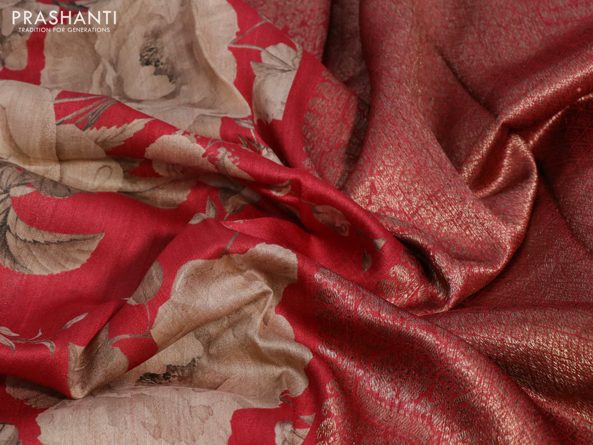 Banarasi tussar silk saree red with allover floral digital prints and zari woven banarasi style border