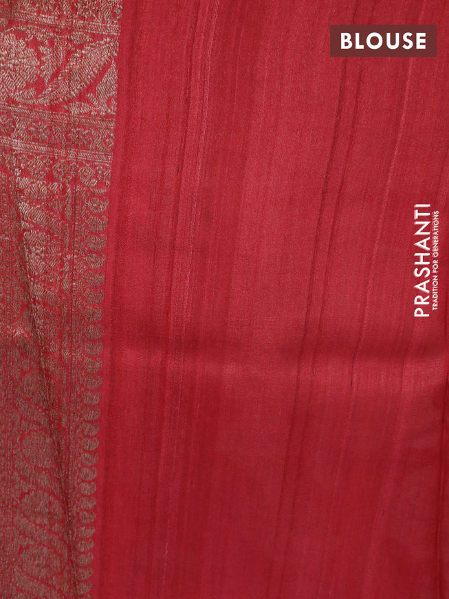 Banarasi tussar silk saree red with allover floral digital prints and zari woven banarasi style border