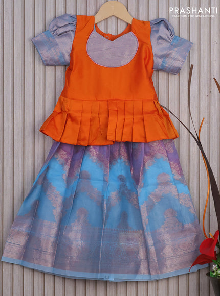 Banarasi kids lehenga orange and blue shade with patch work neck pattern and thread zari weaves & woven border