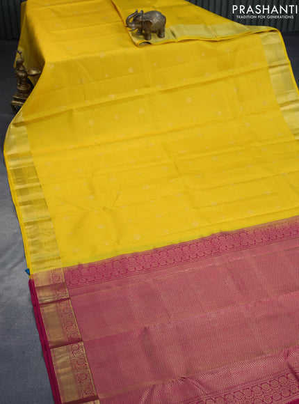 Pure kanchipuram silk saree yellow and pink with allover zari weaves and zari woven border