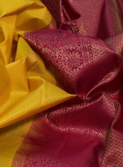 Pure kanchipuram silk saree yellow and pink with allover zari weaves and zari woven border