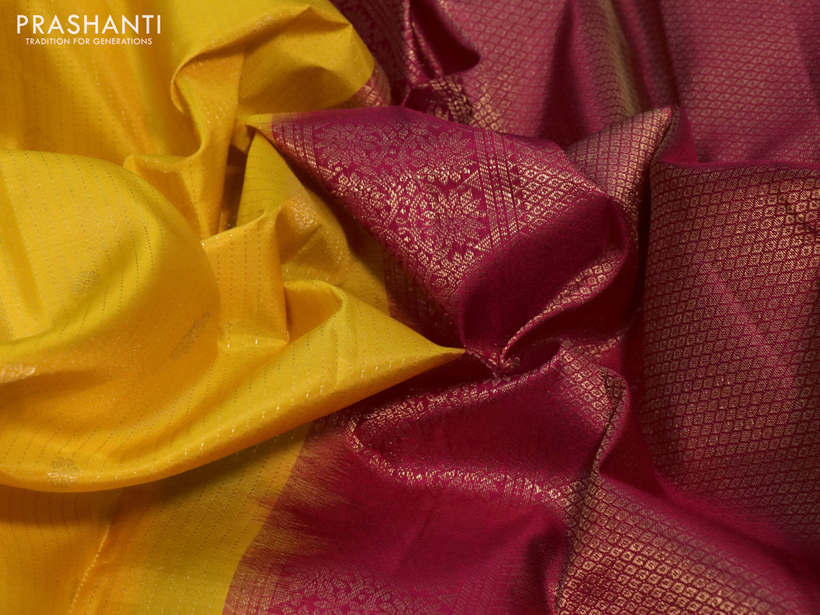 Pure kanchipuram silk saree yellow and pink with allover zari weaves and zari woven border