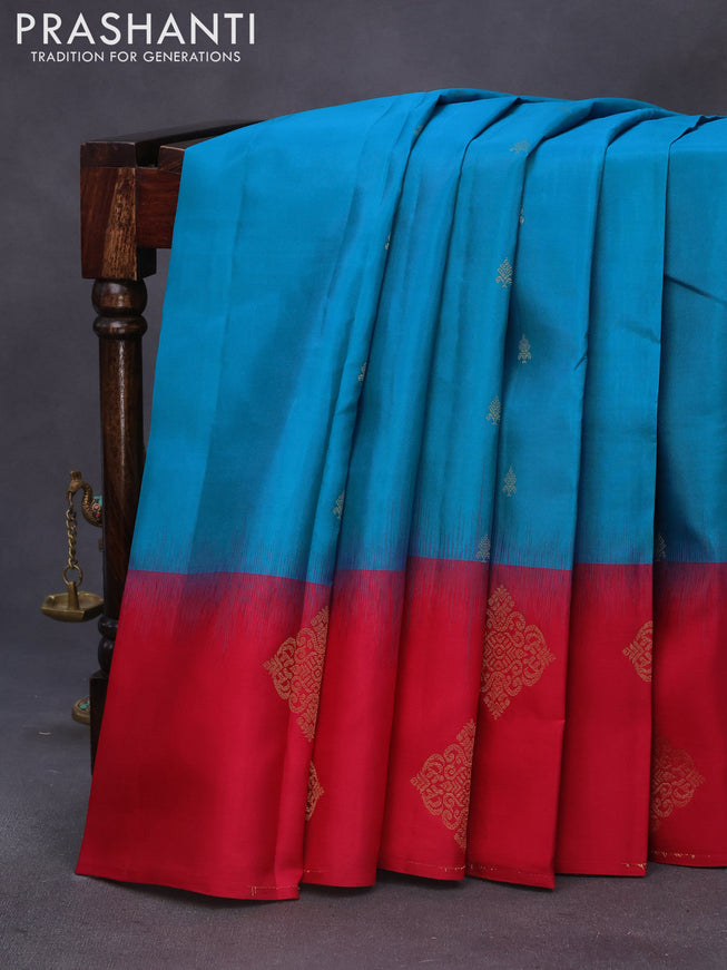 Pure kanchipuram silk saree blue and dark pink with zari woven buttas and long zari woven butta border