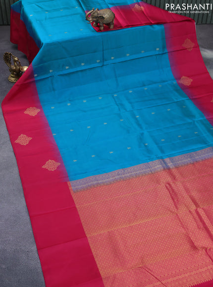 Pure kanchipuram silk saree blue and dark pink with zari woven buttas and long zari woven butta border