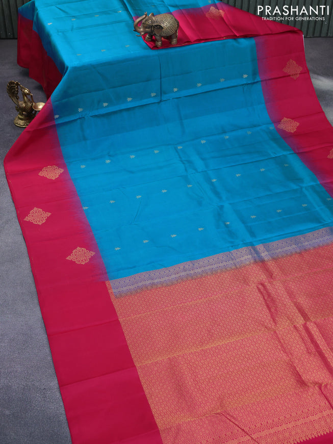 Pure kanchipuram silk saree blue and dark pink with zari woven buttas and long zari woven butta border