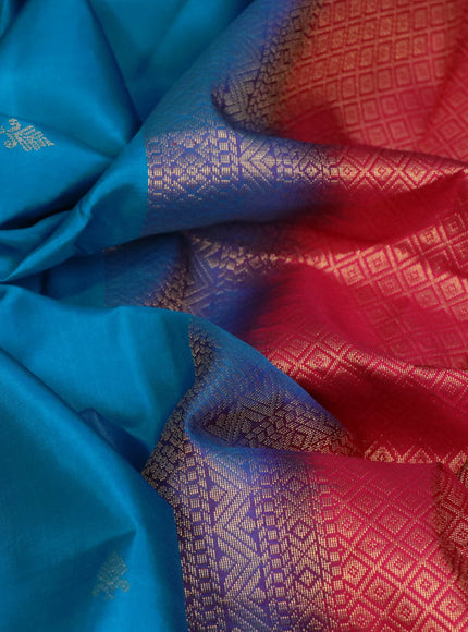 Pure kanchipuram silk saree blue and dark pink with zari woven buttas and long zari woven butta border