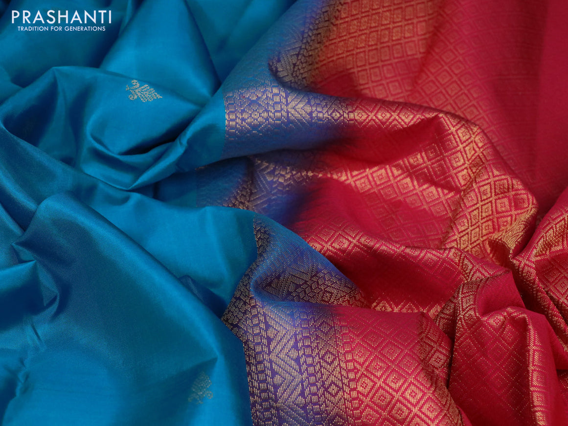 Pure kanchipuram silk saree blue and dark pink with zari woven buttas and long zari woven butta border