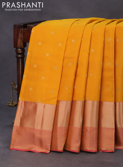 Pure kanchipuram silk saree mastard yellow and pink with zari woven buttas and long zari woven border