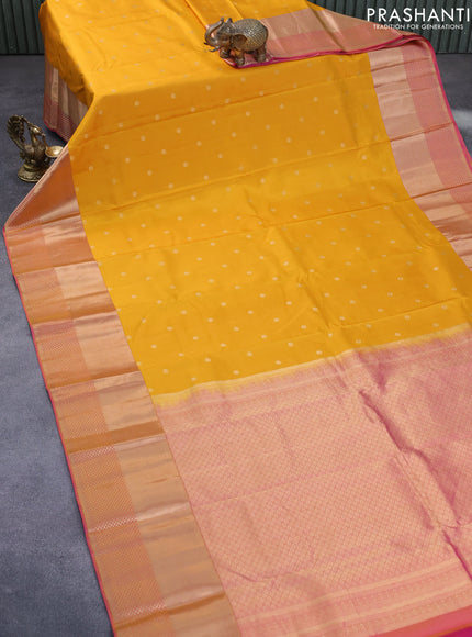 Pure kanchipuram silk saree mastard yellow and pink with zari woven buttas and long zari woven border