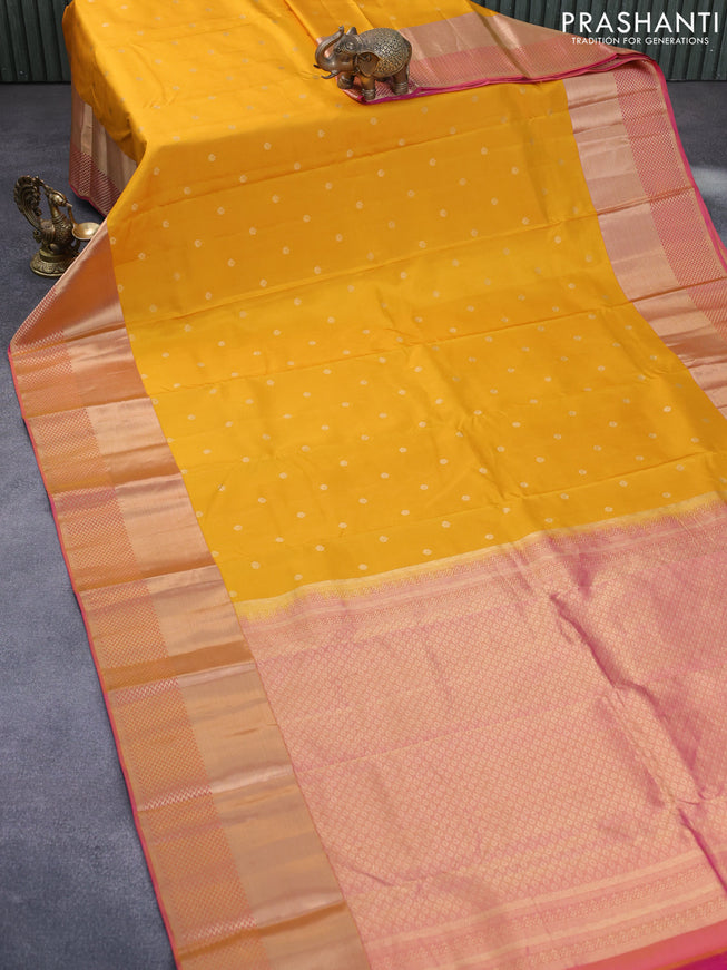 Pure kanchipuram silk saree mastard yellow and pink with zari woven buttas and long zari woven border