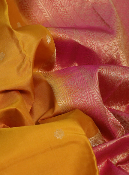 Pure kanchipuram silk saree mastard yellow and pink with zari woven buttas and long zari woven border