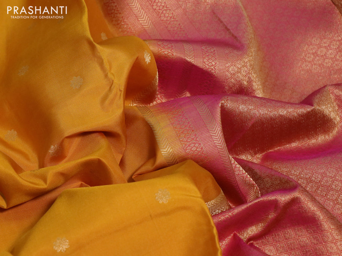 Pure kanchipuram silk saree mastard yellow and pink with zari woven buttas and long zari woven border