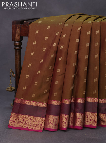 Pure kanchipuram silk saree dark mehendi green and purple with zari woven buttas and thread & zari woven border