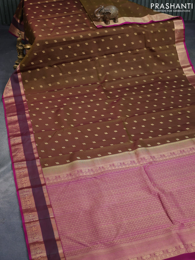 Pure kanchipuram silk saree dark mehendi green and purple with zari woven buttas and thread & zari woven border