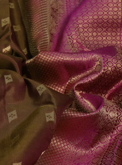 Pure kanchipuram silk saree dark mehendi green and purple with zari woven buttas and thread & zari woven border